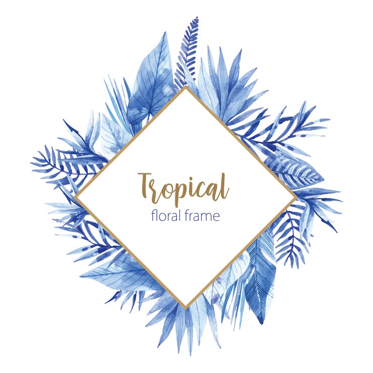 Vector cuadro tropical acuarela con hojas y flores en tonos azules.