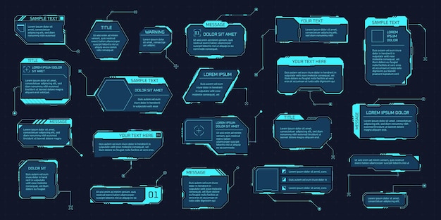 Cuadros de llamada de hud diseño de información de visualización de espacio futurista elemento de marco de información digital para título de texto pantallas de video de llamada cibernética ilustración de vector llamativo infográfico de alta tecnología