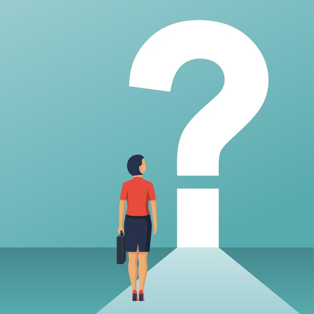 ¿Cuál es el siguiente concepto? Gran signo de interrogación en una forma Empresaria en traje con maletín se enfrenta a un desconocido diseño plano de ilustración vectorial abierto Aislado en fondo blanco