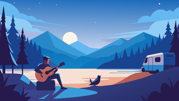 Vector cuando se pone el anochecer en un camper solitario se sienta en el borde de un lago tranquilo su guitarra en la mano el suave