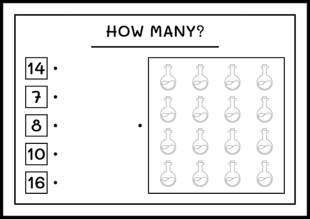 Cuantas botellas de pociones, juego para niños. ilustración vectorial, hoja de trabajo imprimible