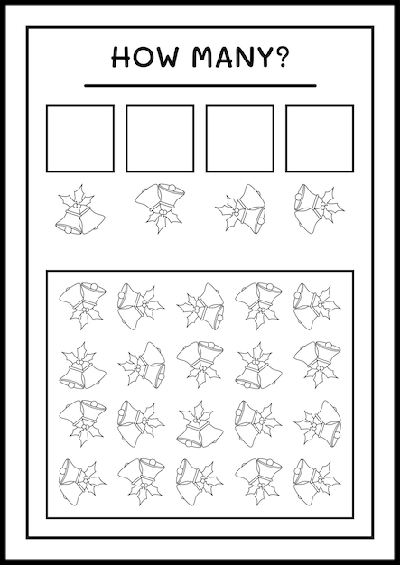 Cuántas campanas navideñas, juego para niños. Ilustración vectorial, hoja de trabajo imprimible