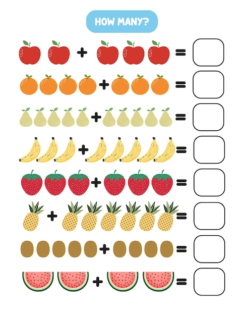 Cuántas frutas Hoja de trabajo de práctica de suma para niños de preescolar y jardín de infantes Juego educativo
