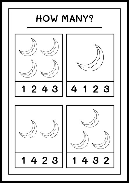 Cuántas Luna, juego para niños. Ilustración vectorial, hoja de trabajo imprimible