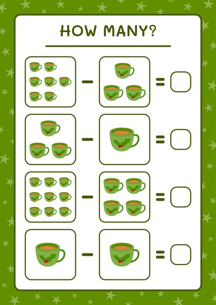 Cuántas tazas navideñas, juego para niños. ilustración vectorial, hoja de trabajo imprimible