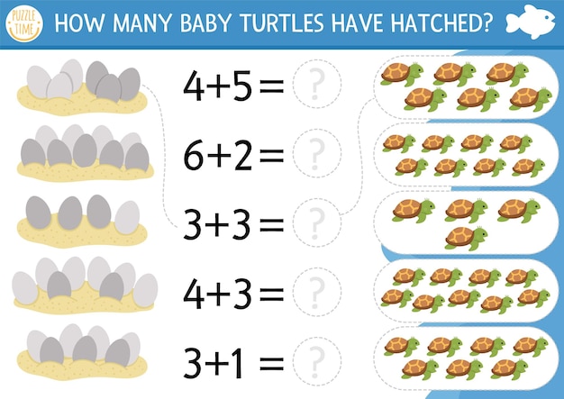 Vector ¿cuántas tortugas han eclosionado juego bajo el mar actividad de adición matemática para niños en edad preescolar vida oceánica simple hoja de trabajo de conteo imprimible para niños con hermosos animales acuáticos y huevos en la arena xa