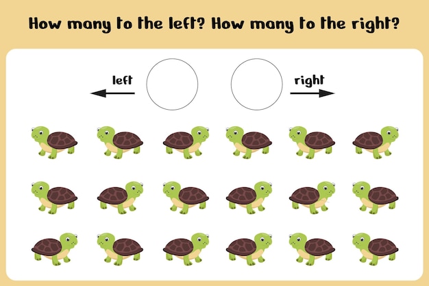 Cuántas tortugas izquierda y derecha hoja de aprendizaje para que los niños aprendan izquierda y derecha