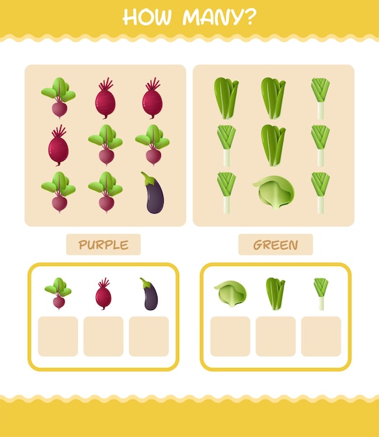 Cuántas verduras de dibujos animados. contando juego. juego educativo para niños y niños pequeños en edad preescolar.