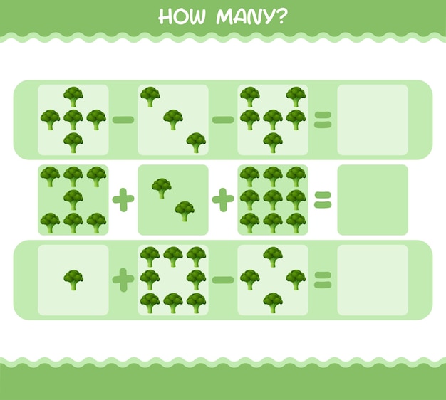 Vector cuántos brócoli de dibujos animados. contando juego. juego educativo para niños y niños pequeños en edad preescolar.