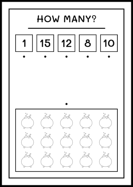 Cuántos caldero, juego para niños. ilustración vectorial, hoja de trabajo imprimible
