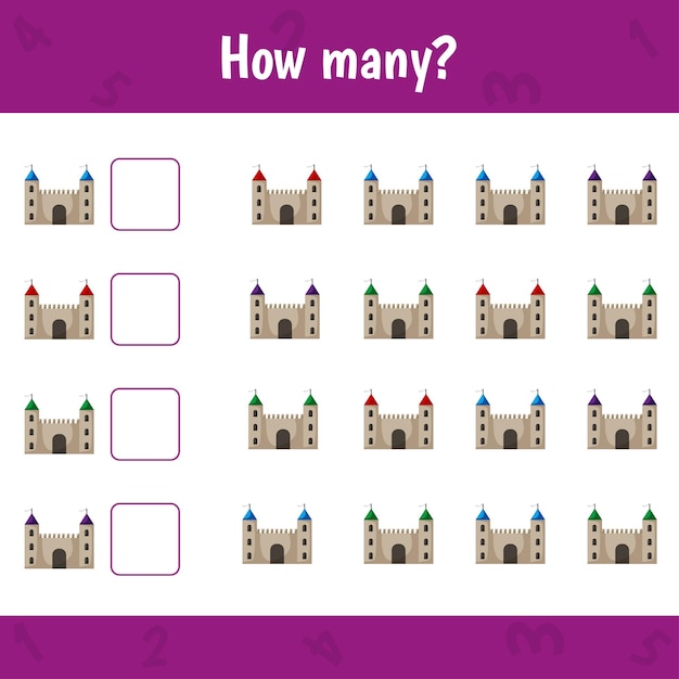¿cuántos castillos hay? cuente el número y escriba la hoja de trabajo de matemáticas para niños.