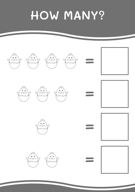 Cuántos de Chick juego para niños Vector ilustración hoja de trabajo imprimible
