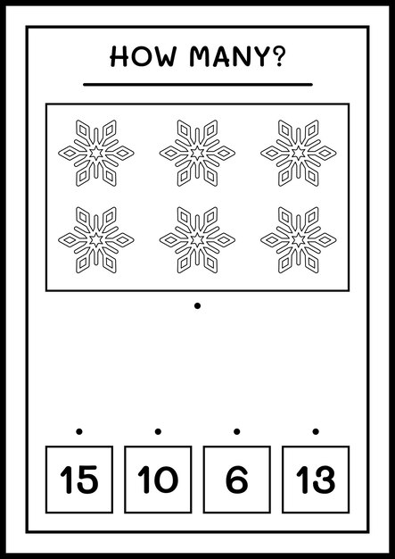 Cuántos copos de nieve, juego para niños. Ilustración vectorial, hoja de trabajo imprimible