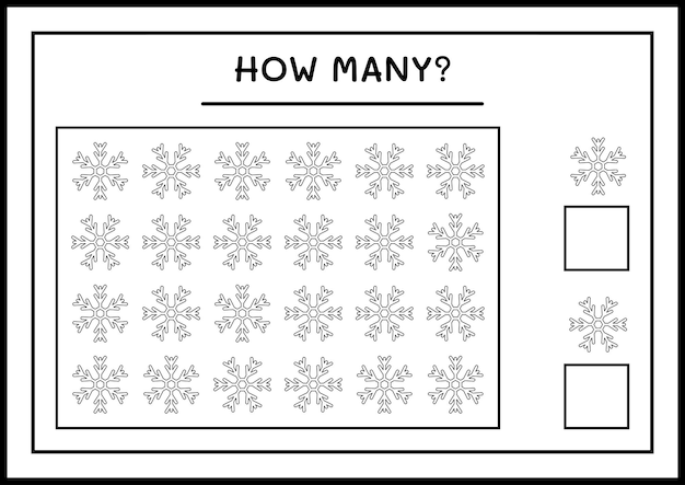 Cuantos copos de nieve, juego para niños. Ilustración vectorial, hoja de trabajo imprimible