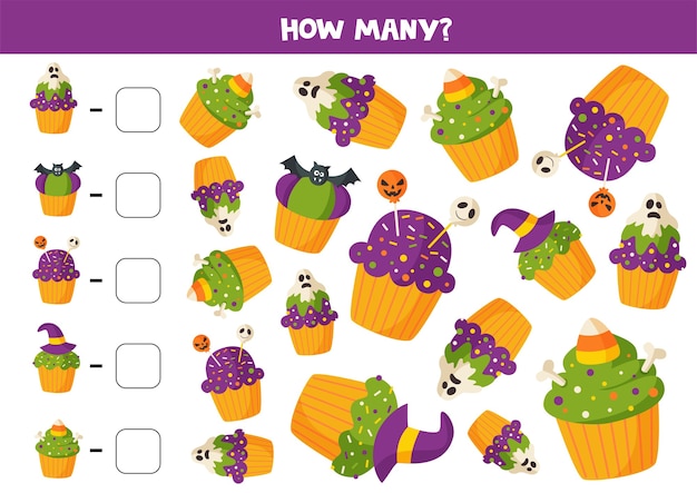 Cuántos cupcakes de Halloween hay. Cuente y encierre en un círculo la respuesta correcta. Juego de matemáticas para niños. Hoja de trabajo imprimible.
