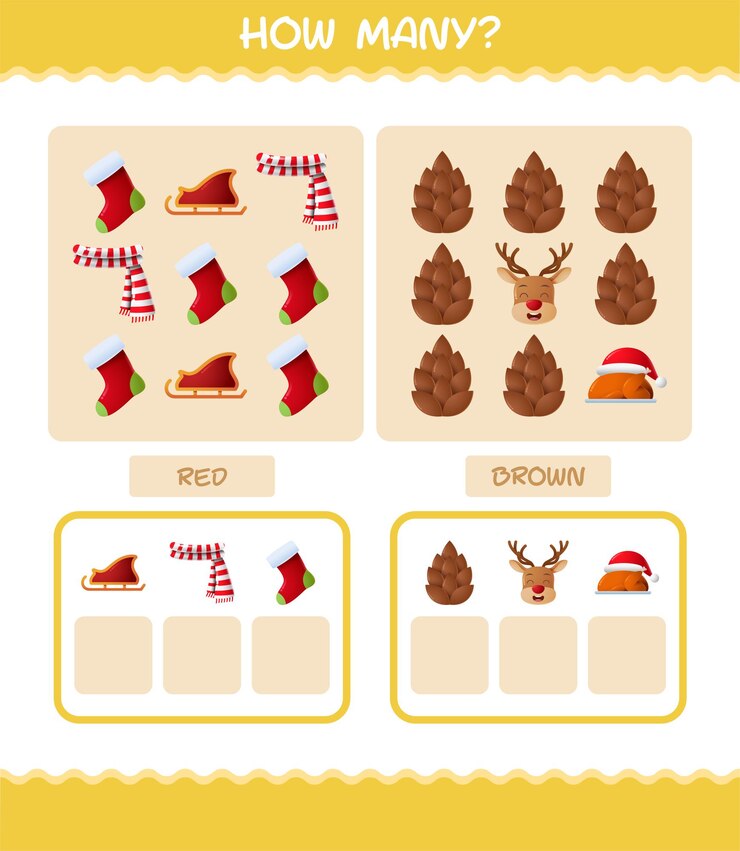 Vector cuántos dibujos animados de navidad. contando juego. juego educativo para niños y niños pequeños en edad preescolar.