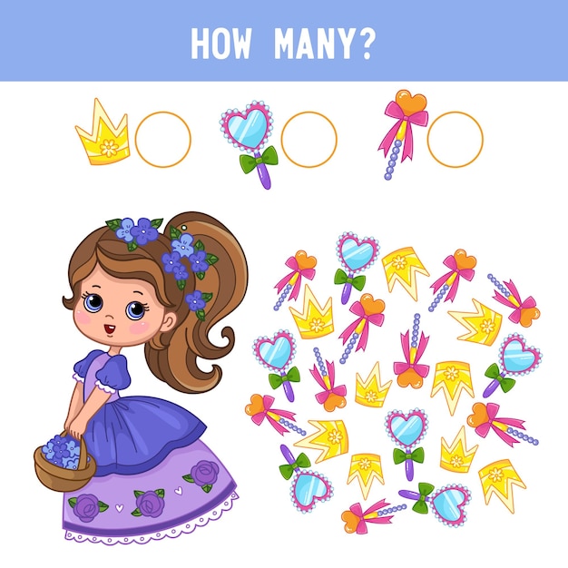 ¿cuántos espejos, varitas y coronas tiene la linda princesita? contar juegos educativos para niños