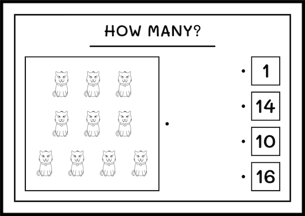 Cuantos gatos, juego para niños. Ilustración vectorial, hoja de trabajo imprimible