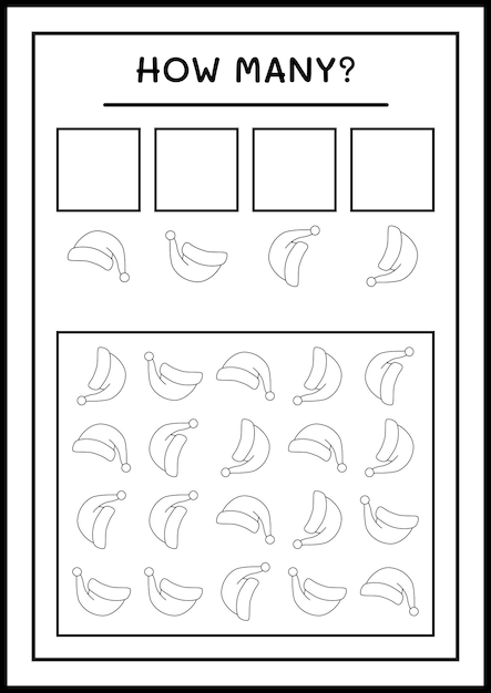 Cuántos gorro de santa claus, juego para niños. Ilustración vectorial, hoja de trabajo imprimible