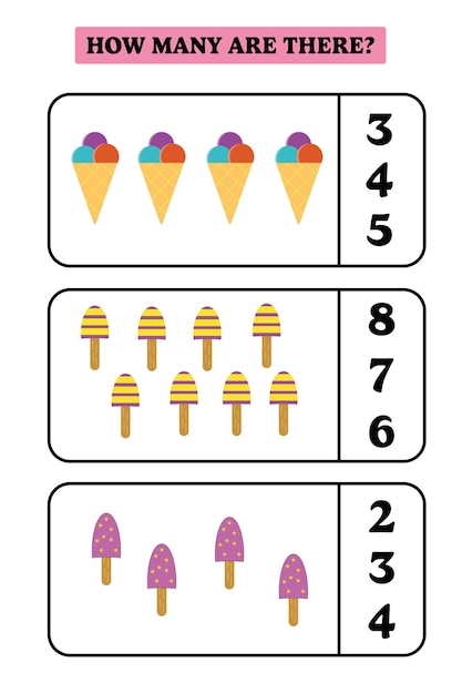 ¿Cuántos hay? Juego educativo de matemáticas para niños. Diseño de hoja de trabajo imprimible para niños en edad preescolar.