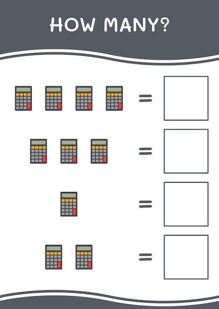 Cuántos del juego de calculadora para niños Hoja de trabajo imprimible de ilustración vectorial