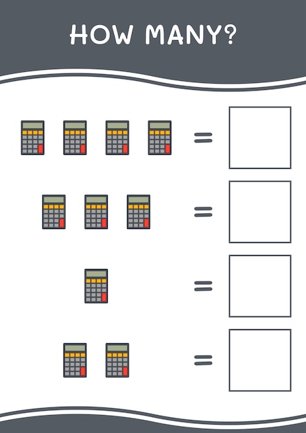 Cuántos del juego de calculadora para niños hoja de trabajo imprimible de ilustración vectorial