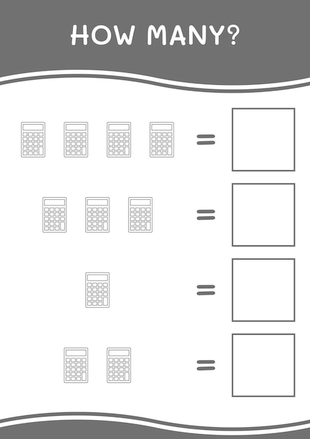 Cuántos del juego de calculadora para niños hoja de trabajo imprimible de ilustración vectorial