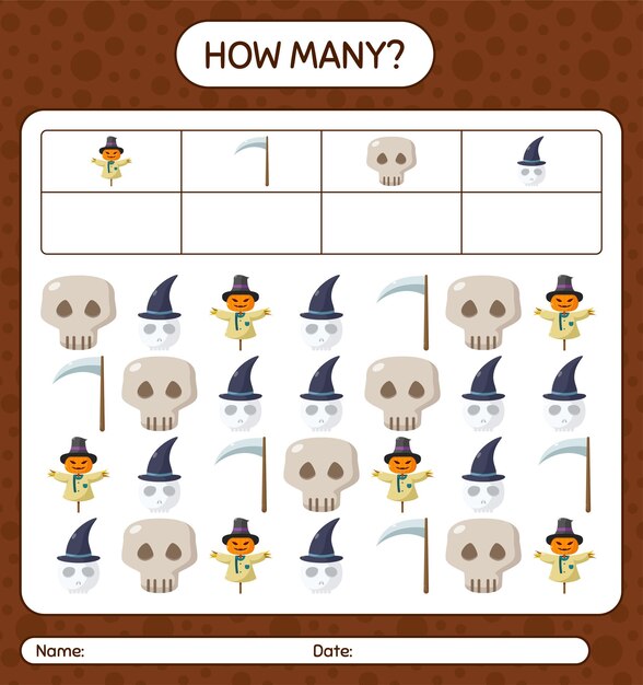 Cuántos juego de contar con el icono de halloween. hoja de trabajo para niños en edad preescolar, hoja de actividades para niños