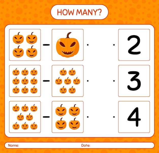 Cuántos juego de contar con jack o 'lantern. hoja de trabajo para niños en edad preescolar, hoja de actividades para niños