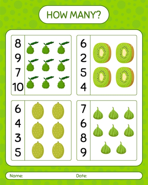 Vector cuántos juego de contar lima kaffir, kiwi, melón. hoja de trabajo para niños en edad preescolar, hoja de actividades para niños, hoja de trabajo imprimible