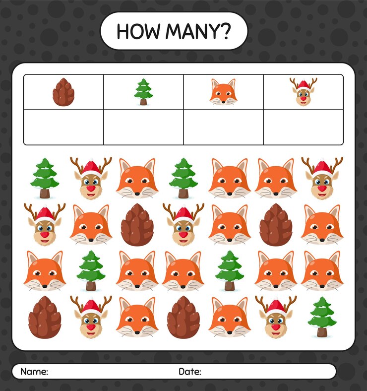 Vector cuántos juego de conteo con icono de navidad. hoja de trabajo para niños en edad preescolar, hoja de actividades para niños
