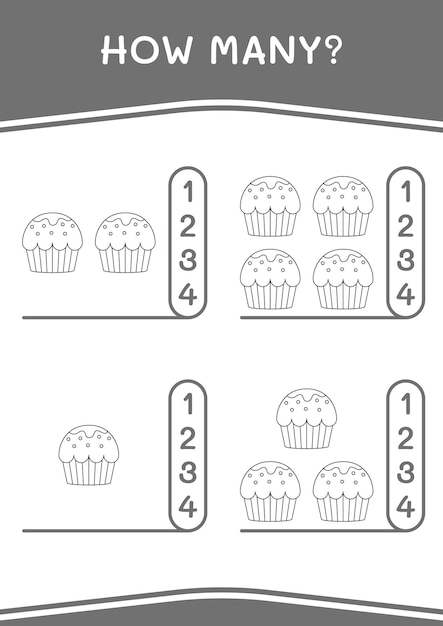 Cuántos del juego Cupcake para niños Hoja de trabajo imprimible de ilustración vectorial