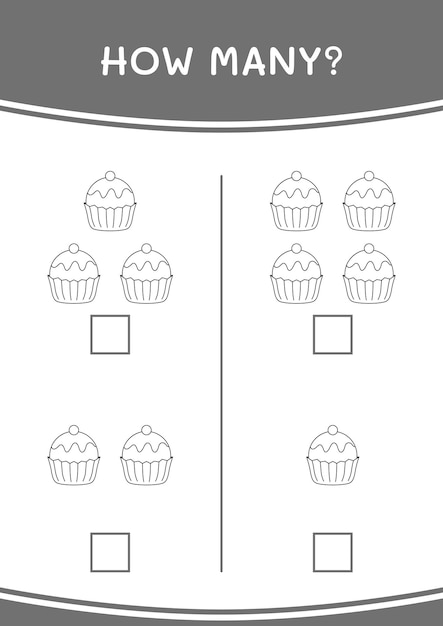 Cuántos del juego cupcake para niños hoja de trabajo imprimible de ilustración vectorial