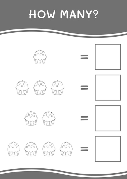 Cuántos del juego Cupcake para niños Hoja de trabajo imprimible de ilustración vectorial