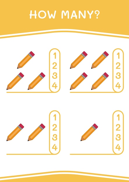 Cuántos de juego de lápiz para niños hoja de trabajo imprimible de ilustración vectorial