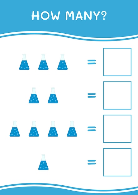 Cuántos del juego de matraces de química para niños hoja de trabajo imprimible de ilustración vectorial