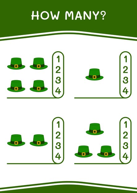 Cuántos del juego de sombreros del día de san patricio para niños hoja de trabajo imprimible de ilustración vectorial