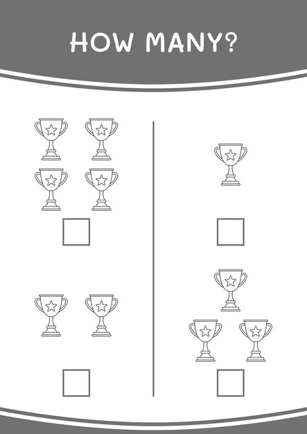 Cuántos del juego de trofeos para niños Hoja de trabajo imprimible de ilustración vectorial