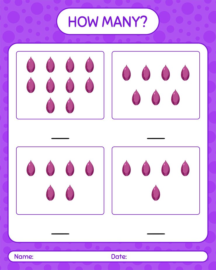 Vector cuántos juegos de contar con chalotes. hoja de trabajo para niños en edad preescolar, hoja de actividades para niños, hoja de trabajo imprimible