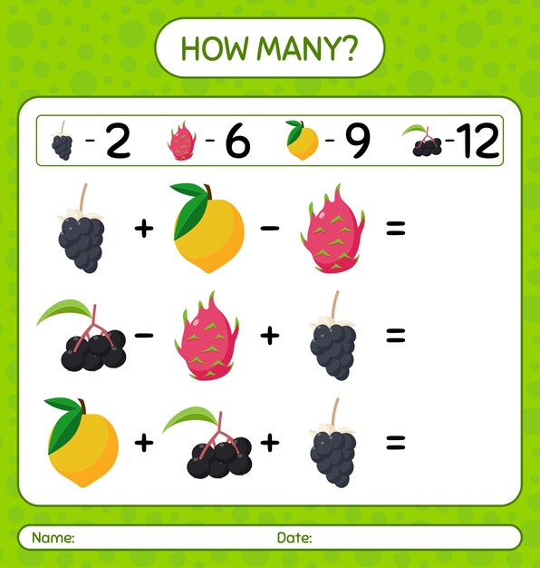 Cuántos juegos de contar con frutas. hoja de trabajo para niños en edad preescolar, hoja de actividades para niños, hoja de trabajo imprimible