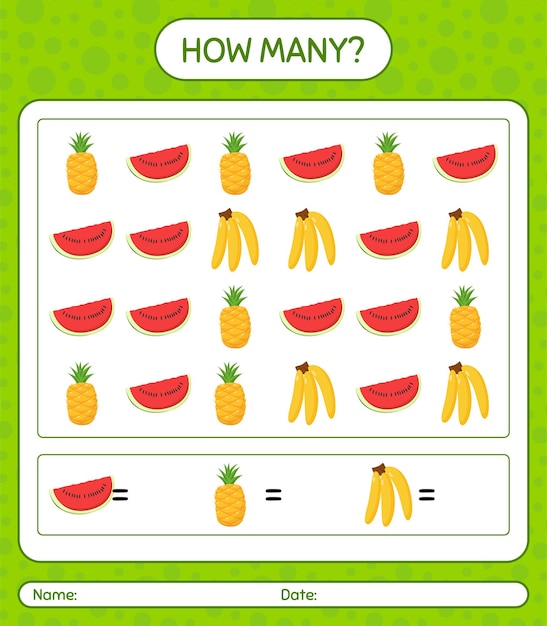 Cuántos juegos de contar con frutas. hoja de trabajo para niños en edad preescolar, hoja de actividades para niños, hoja de trabajo imprimible