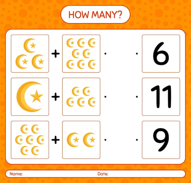 Cuántos juegos de contar con luna y estrella. hoja de trabajo para niños en edad preescolar, hoja de actividades para niños, hoja de trabajo imprimible
