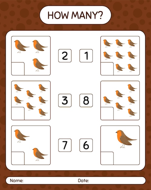 Cuántos juegos de contar con el pájaro robin. hoja de trabajo para niños en edad preescolar, hoja de actividades para niños