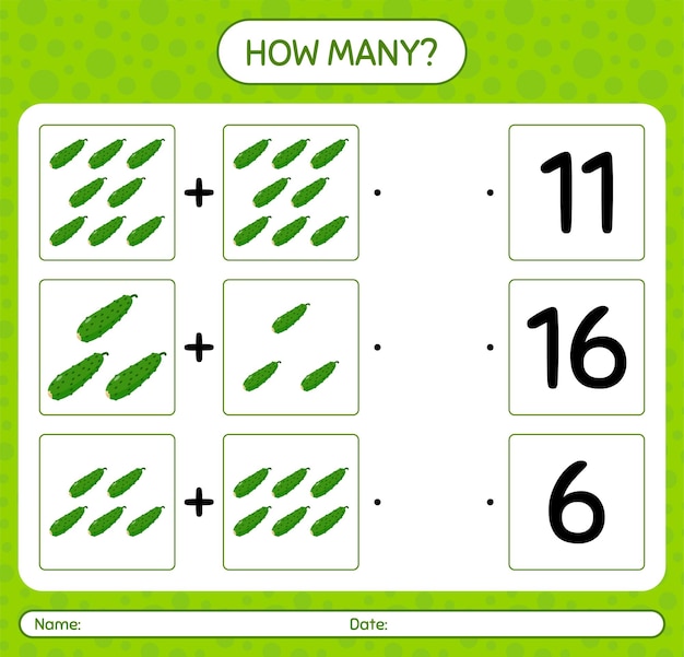 Cuántos juegos de contar con pepino. hoja de trabajo para niños en edad preescolar, hoja de actividades para niños, hoja de trabajo imprimible