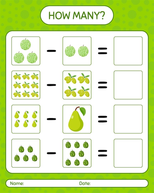 Cuántos juegos de contar pera. melón, sandía. hoja de trabajo para niños en edad preescolar, hoja de actividades para niños, hoja de trabajo imprimible