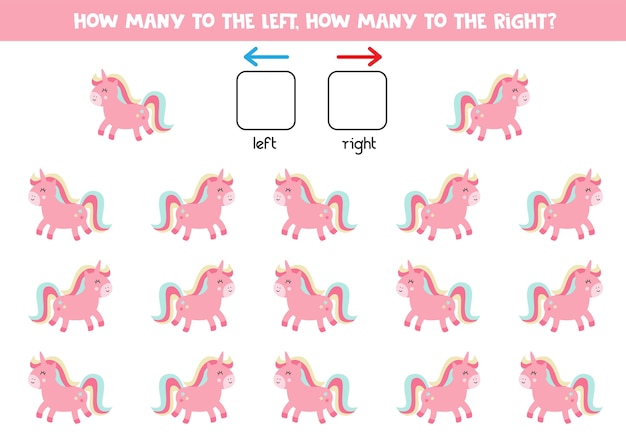 ¿Cuántos lindos unicornios rosados van de izquierda a derecha? Juego de lógica educativo para niños.