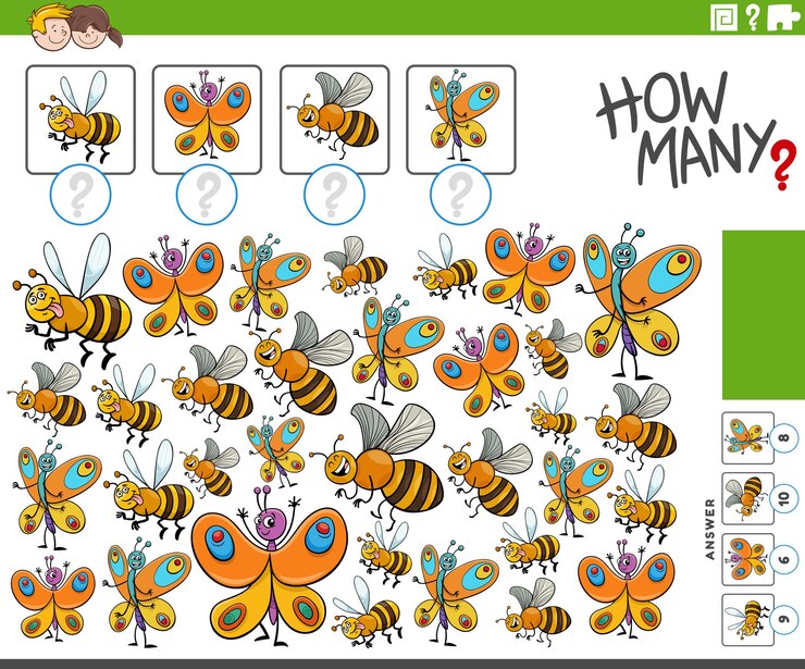 Vector ¿cuántos personajes de insectos de dibujos animados cuentan la actividad?