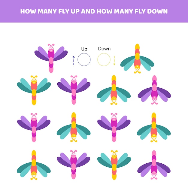 Cuántos vuelan hacia arriba y cuántos vuelan hacia abajo juego educativo para niños ilustración vectorial