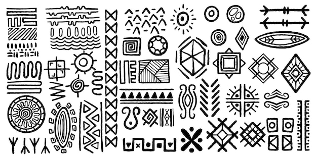 Cuarenta y ocho dibujos tribais étnicos a mano conjuntos de elementos conjuntos de dibujos tribales aztecas