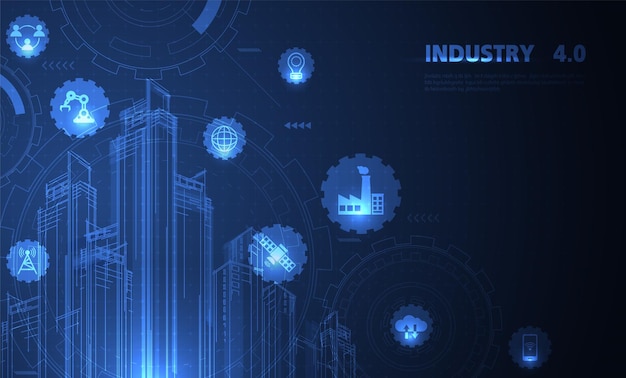 Cuarta revolución industrial en hud futurista con instrumentos industriales de globo de mapa del mundo